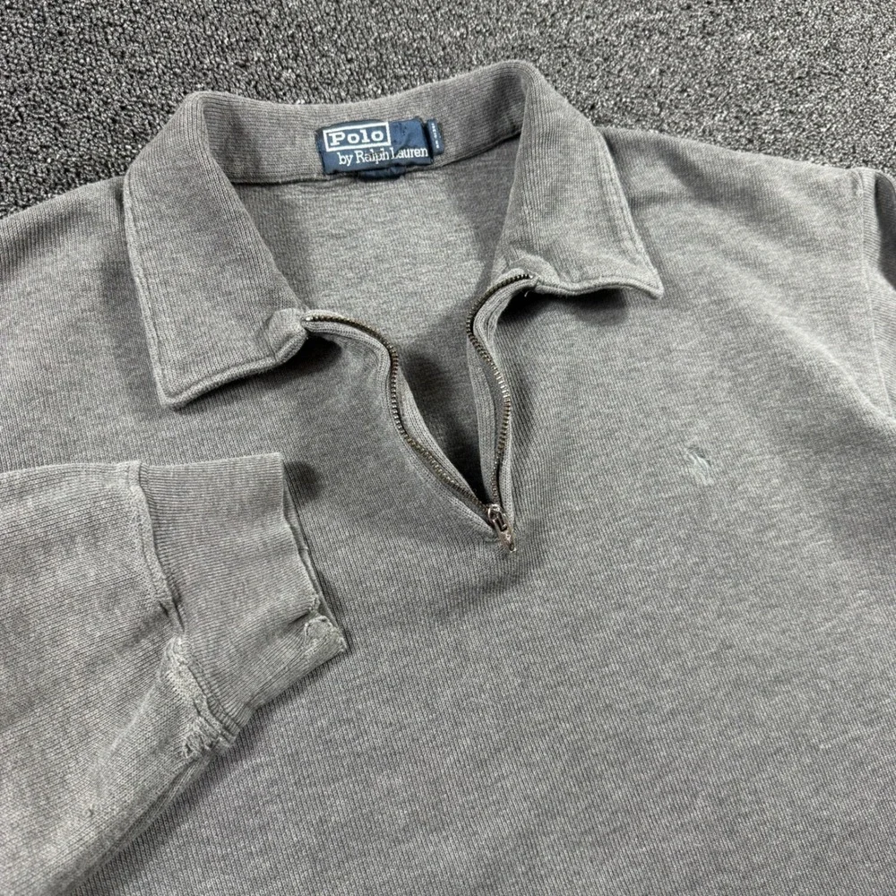 Vintage Polo‎ Ralph Lauren Men's Large Grey 1/4 Zip Collared Pullover Distressed